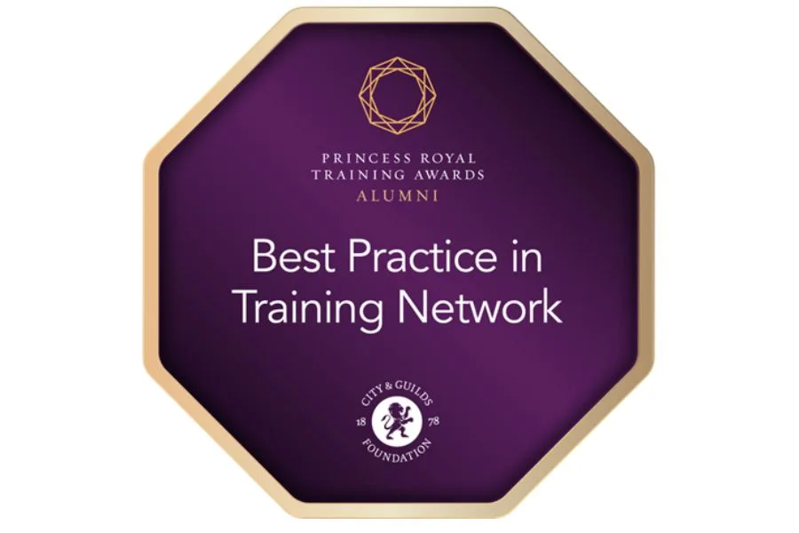 A purple hexagon award for "Best Practice in Training Network"