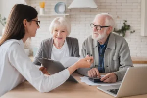 Elderly couple with care advisor around a table discussing the different types of care