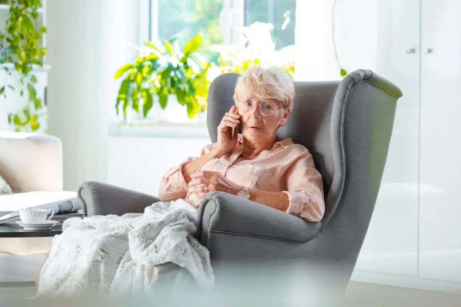 An elderly woman is sitting in a grey armchair, talking on the phone. The background shows a bright, well-lit room with green plants near the window.