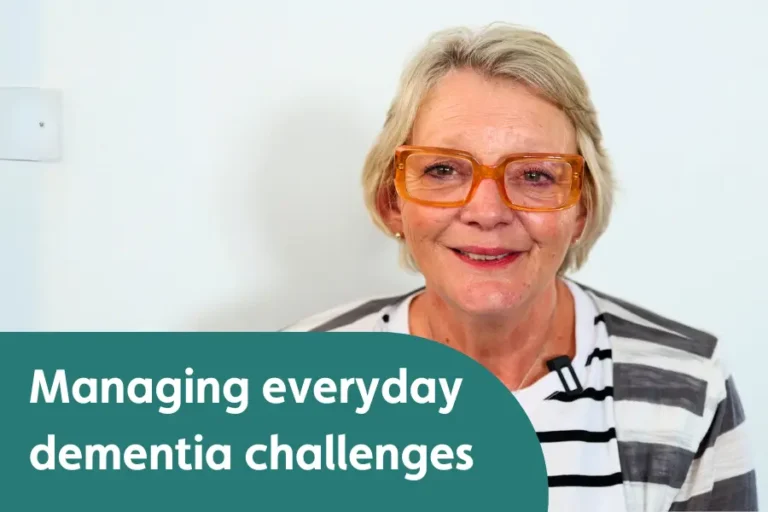 Care trainer Pippa smiling at the camera, overlayed with the text 'managing everyday dementia challenges'